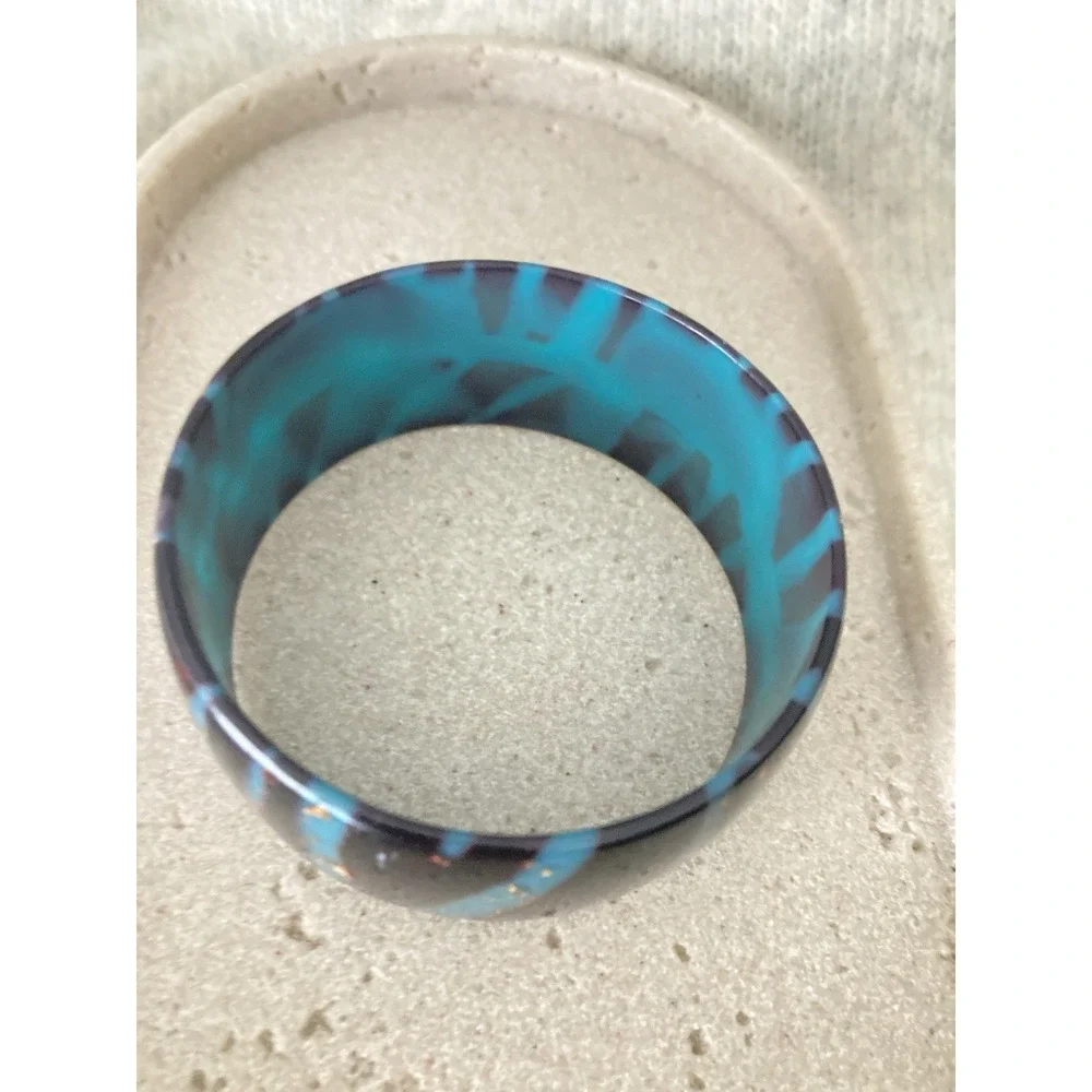 Wide Acrylic Bangle Bracelet Black Turquoise Colored Zebra Stripe‎ 80's Style